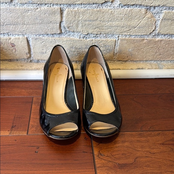 Cole Haan Black Patent Malta Peep-Toe Wedge Shoes - Picture 2 of 3